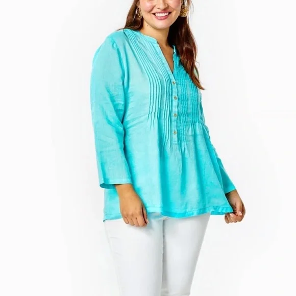 Lilly Pulitzer Blue Horizon Sarasota Linen Tunic Top Button Front Boho Blouse - Picture 2 of 6